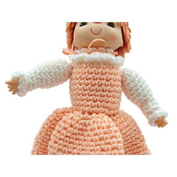Vintage 1960s Red Hair Peach Dress Bottom Closes Hand Crocheted Bed Pillow Doll - Picture 3 of 12